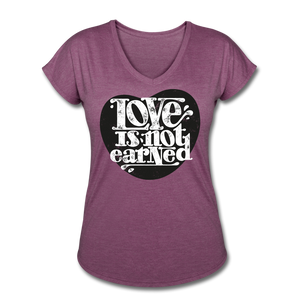 Love is Not Earned | Women's V-Neck T-Shirt | Agape Flashcards - heather plum