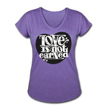 Load image into Gallery viewer, Love is Not Earned | Women&#39;s V-Neck T-Shirt | Agape Flashcards - purple heather