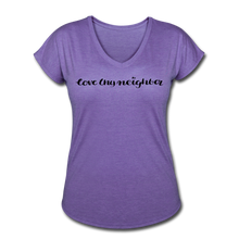 Load image into Gallery viewer, Love Thy Neighbor | Women&#39;s V-Neck T-Shirt | Agape Flashcards - purple heather